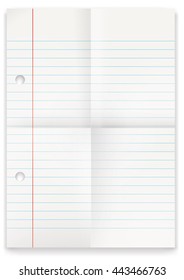 Lined and folded school paper on the white. Eps 10 vector file. 