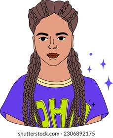 Lined girl avatars in bold modern style. Vibrant portrait. Gen Z.