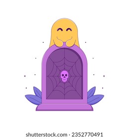 Lined Gravestone with Ghost, Cartoon Vector