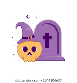Lined Gravestone with Skull and Witch Hat