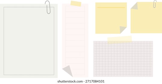 Papeles de nota en blanco de color claro alineados y cuadriculados con clip y cinta sobre fondo transparente