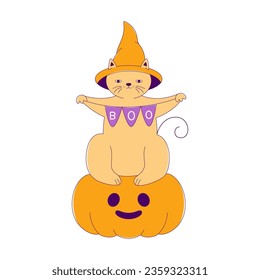 Lined Halloween Cat sits on Pumpkin holds Bunting Flags, Cartoon Character