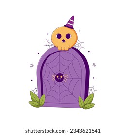 Lined Halloween Gravestone with Skull and Witch Hat