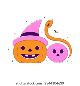 Lined Halloween Pumpkin with Skull and Witchy Snake