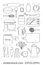 Lined Hand drawn baking tools and ingredient bakery kitchen elements illustration. Ingredients, utensils and tools for baking set vector illustration