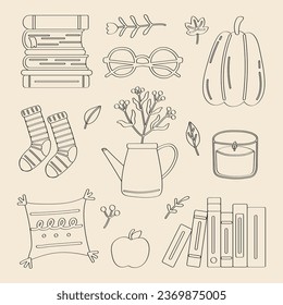 Lined Hand drawn cute hygge autumn home cozy elements Scandinavian style book socks pillow candle leaves flower apple eyeglasses pumpkins fall season illustration