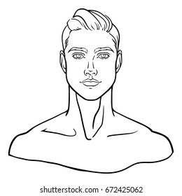 Lined, hand-drawn portrait of young man face for social profile. Isolated vector illustration.