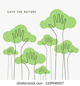 Lined of hands raised up like trees. Save the Nature, save the world concept.