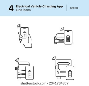 Lined Icon Illustrating Application for Charging Electrical Vehicles, Online Charging, Hand Holding Phone, Charging Car, Van, and Truck, Vector Illustration.