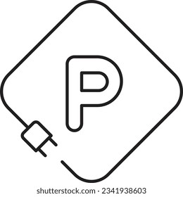 Lined Icon Illustrating EV Parking Space for Electrical Vehicles, Charging Station, Car Charger, Car Parking, Vector Illustration.