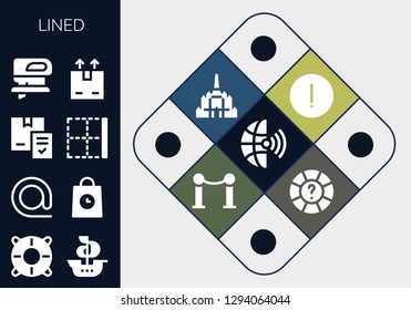  lined icon set. 13 filled lined icons. Simple modern icons about  - Global, Help, Ship, At, Delivery, Border, Fretsaw, Shipping, Advise, Thatbyinnyu temple, Line