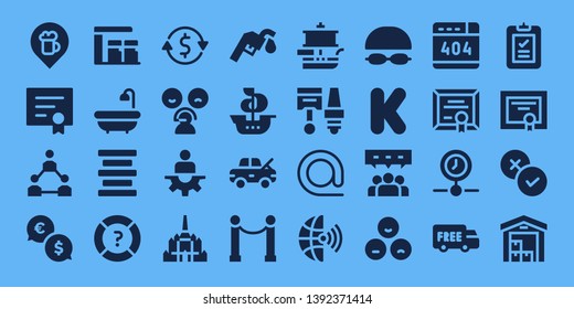 lined icon set. 32 filled lined icons. on blue background style Simple modern icons about  - Bar, Diploma, Teamwork, Exchange, Gas station, Bath, Center alignment, Help, Currency exchange