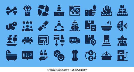 lined icon set. 32 filled lined icons. on blue background style Simple modern icons such as: Bones, Delivery, Ship, Bath, Rating, Damage, Help, Teamwork, Diploma, Reception, Components