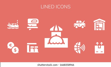 lined icon set. 9 filled lined icons.  Simple modern icons such as: Bar, Gas station, Fretsaw, Exchange, Ship, Shipping, Delivery, Global, Damage