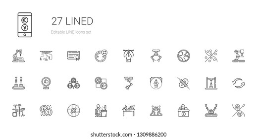 lined icons set. Collection of lined with desk, teamwork, help, exchange, components, collision, vector, industrial robot, recommended, globe. Editable and scalable lined icons.