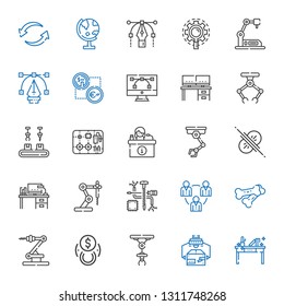 lined icons set. Collection of lined with desk, industrial robot, exchange, bones, teamwork, components, collision, vector, research, globe. Editable and scalable lined icons.