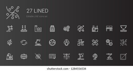 lined icons set. Collection of lined with globe, industrial robot, vector, diploma, collision, global, factory, teamwork, components, exchange. Editable and scalable lined icons.