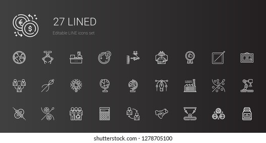lined icons set. Collection of lined with industrial robot, bones, teamwork, calculating, sewing, collision, factory, vector, globe, research. Editable and scalable lined icons.