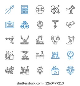 lined icons set. Collection of lined with research, desk, global, mixed, working, recommended, teamwork, industrial robot, rating, bones, globe. Editable and scalable lined icons.