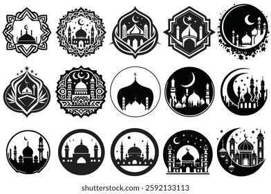 Lined Islamic Mosque icons set featuring various architectural designs and patterns