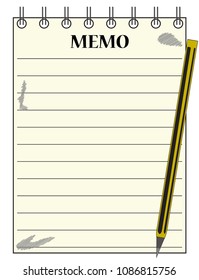 A lined memo blank notepad template or background with a pencil isolated on a white background