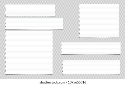 Lined note, notebook paper strips for text stuck on grey squared background. Vector illustration.