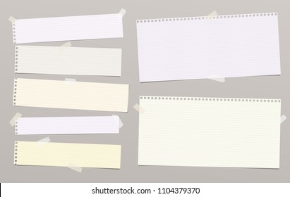 Lined note, notebook paper strips for text stuck with sticky tape on gray background. Vector illustration.