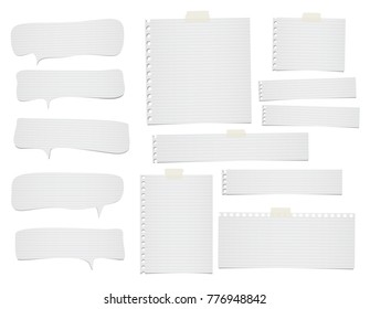 Lined note, notebook paper strips, sheets, speech bubbles for text or message stuck with sticky tape on white background