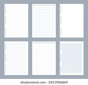 Lined note pages. Diary and notepad. Copybook checkered or dotted papers. Blank notepaper with spiral binders. School or office stationery. Organizer template. Letter document. Vector empty sheets set