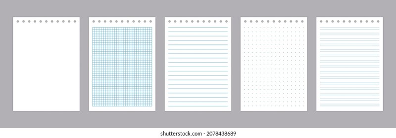 Páginas de notas enlazadas. Un cuaderno de bocetos realista y una página de agenda con líneas, cuadrículas y puntos de textura, hoja de papel en blanco de los deberes escolares. Conjunto de vectores