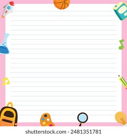 Lined note paper card with creative educational school student skill art music sience patterns