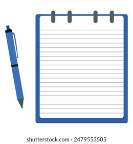 lined notebook and ballpoint pen on white background.