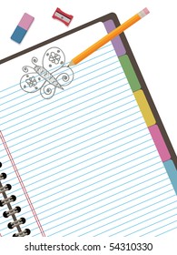 lined notebook with clipping mask, with pencil and butterfly doodle