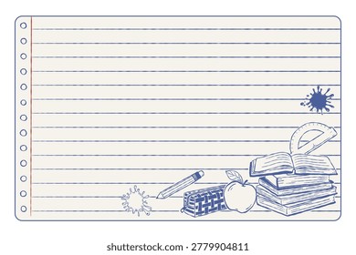 Lined notebook paper background with school doodle elements