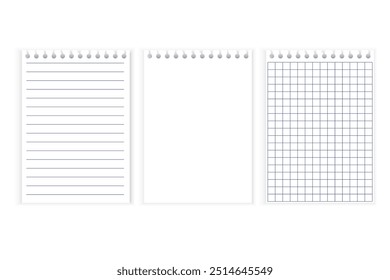 Lined notebook paper. Blank spiral page. Grid notepad sheet. Vector stationery set.