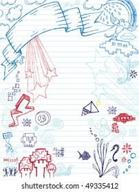 Lined notebook paper full of doodles
