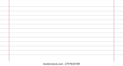 Lined notebook paper page background. Gray horizontal stripes and red vertical margin template. Classic school exercise sheet vector illustration