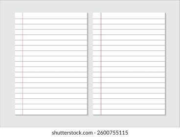 Lined Notebook Paper Template with Realistic Shadows and Margins