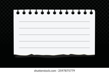 Lined Notebook Paper Vector: Torn Edge, Perforated Holes, Horizontal Lines, Dark Checkered Background, Realistic Texture, Transparent Element, Notepad Mockup, Paper Illustration, 3D Appearance.