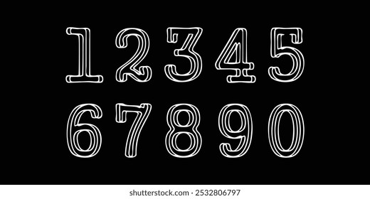 Lined number set vector font alphabet, vector illustrations