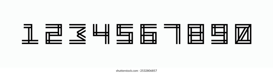 Lined number set vector font alphabet, vector illustrations