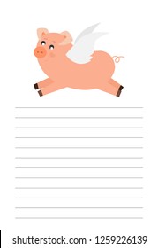 Lined page for notes.Pig flying with angel wings in the air.Cute childish vector illustration. 