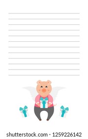 Lined page for notes.Pig holding a present/gift.Cute childish vector illustration. 