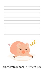 Lined page for notes.Pig laying on the pillow, sleepy.Cute childish vector illustration. 
