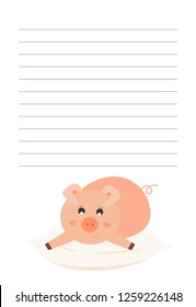 Lined page for notes.Pig laying on the pillow, sleepy.Cute childish vector illustration. 
