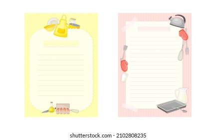 Lined pages for recipe entries set. Kitchen book paper for adding your own recipe cartoon vector illustration