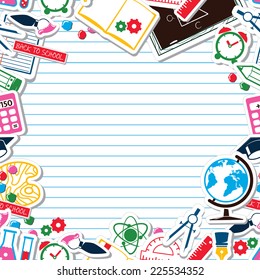 Lined Paper Background - School theme. Colorful cartoon objects.