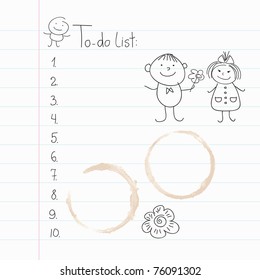 Lined paper, coffee stains and doodle vector