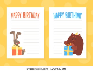Lined Paper with Cute Wild Animals Set, Notebook Sheet, Happy Birthday Invitation Card Cartoon Vector Illustration