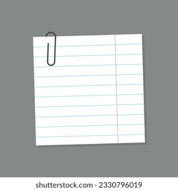 lined paper note with paperclip, blank notebook paper sheet, vector design element